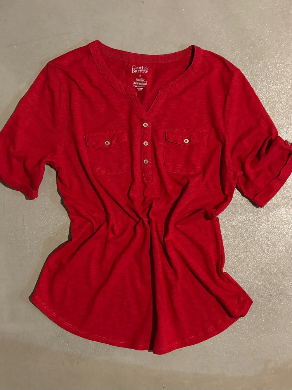 croft & barrow Red Short Sleeve Henley Pocket Tee